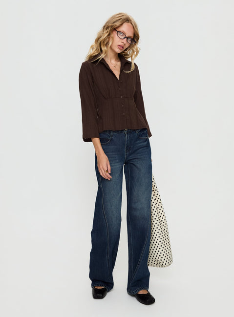 Taelynn 3/4 Sleeve Button Up Shirt Chocolate