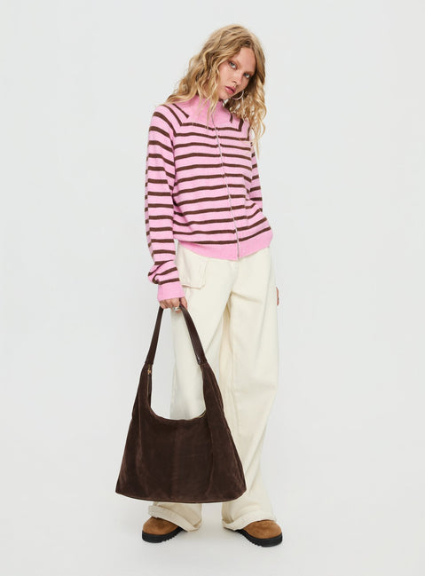 side view of model wearing Princess Polly Kaylei Zip Through Cardigan Pink Stripe regular Jumpers 