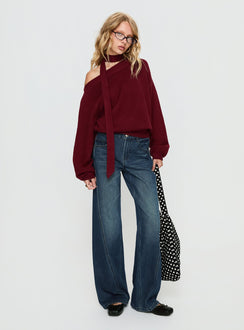 side view of model wearing Princess Polly Ruthi Scarf Off Shoulder Knit Sweater Burgundy Cropped Jumpers Jumpers 