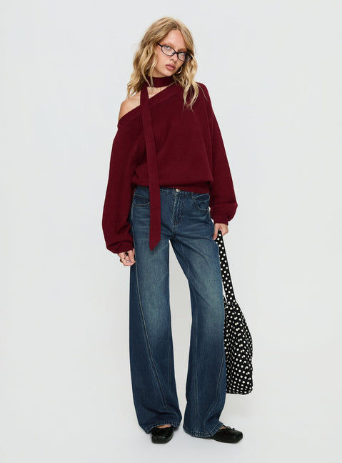 side view of model wearing Princess Polly Ruthi Scarf Off Shoulder Knit Sweater Burgundy Cropped Jumpers Jumpers 