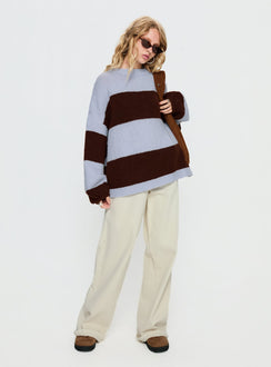front view of model wearing Princess Polly Bastien Crew Neck Knit Sweater Blue / Chocolate Stripe Longline Jumpers Jumpers 
