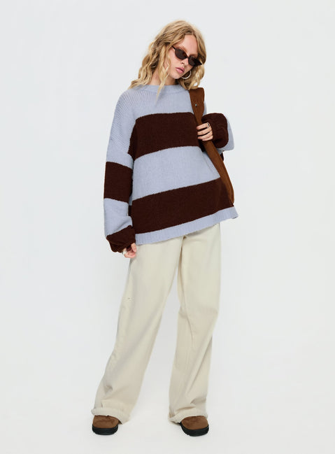 front view of model wearing Princess Polly Bastien Crew Neck Knit Sweater Blue / Chocolate Stripe Longline Jumpers Jumpers 