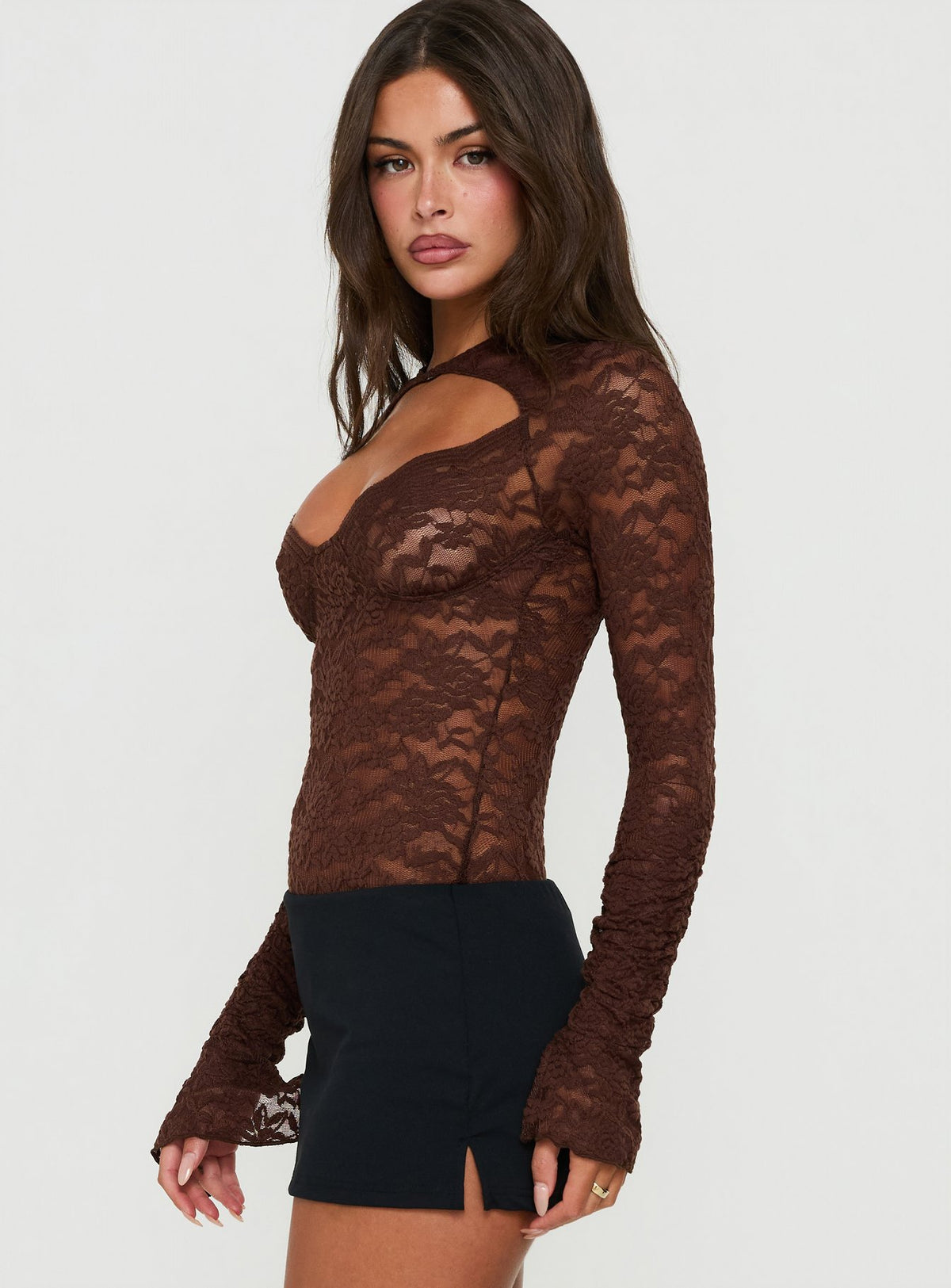 Crafted from the Giallo Long Sleeve Bodysuit Brown womens-bodysuit with full sleeves side view of model wearing Princess Polly