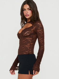 Crafted from the Giallo Long Sleeve Bodysuit Brown womens-bodysuit with full sleeves side view of model wearing Princess Polly