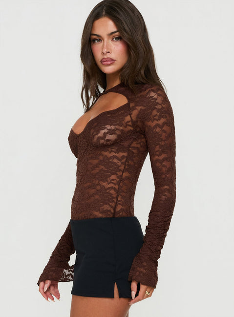 Crafted from the Giallo Long Sleeve Bodysuit Brown womens-bodysuit with full sleeves side view of model wearing Princess Polly