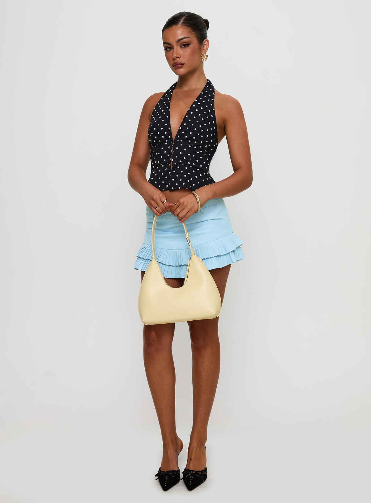 front view of model wearing Princess Polly Pleasing Top Polka Dot Sleeveless Plunger 