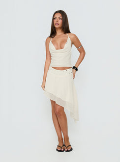 Presenting the Gemmina Asymmetrical Chiffon Mini Skirt Cream womens-skirts in relaxed fit with mini length Princess Polly