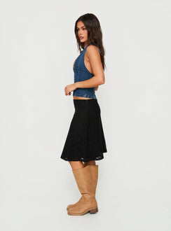 Showcasing the Laicey Lace Midi Skirt in Black womens-skirts with solid pattern side view of model wearing Princess Polly