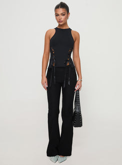 front view of model wearing Princess Polly Bisous Top Black Sleeveless Crew Neck 