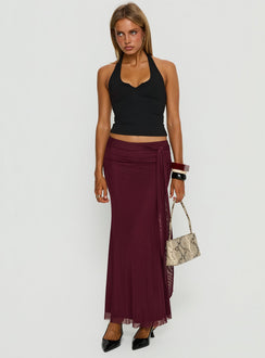   side view of model wearing Princess Polly Caviar Tie Maxi Skirt Currant Maxi Skirts Skirts 