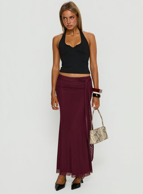   side view of model wearing Princess Polly Caviar Tie Maxi Skirt Currant Maxi Skirts Skirts 