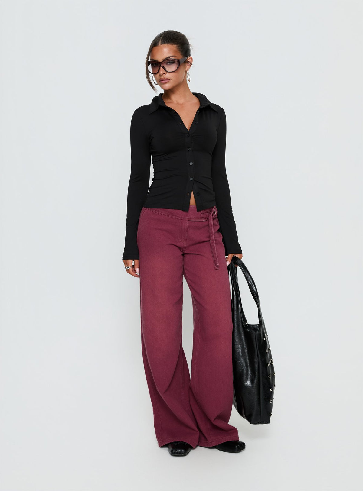front view of model wearing Princess Polly Boxie Mid Rise Wide Leg Jeans Washed Burgundy Mid Rise Jeans Jeans 