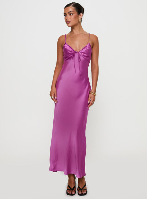 back view of model wearing Princess Polly Maguire Maxi Dress Purple Plunger 