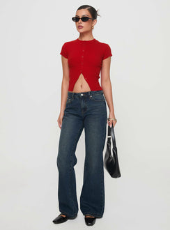 front view of model wearing Princess Polly Suzu Top Red Short Sleeves High Neck 