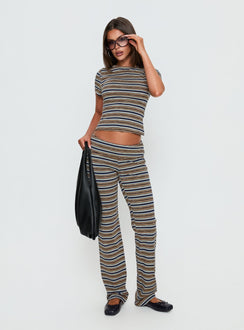 side view of model wearing Princess Polly Manolo Foldover Pants Brown / Grey Stripe Mid Rise Pants Pants 