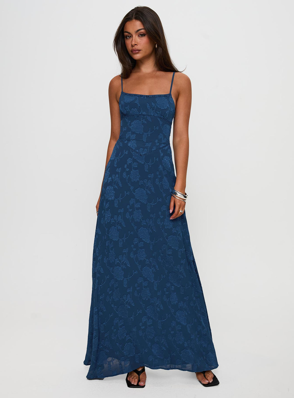 front view of model wearing Princess Polly South Of France Maxi Dress Navy Square Neck 