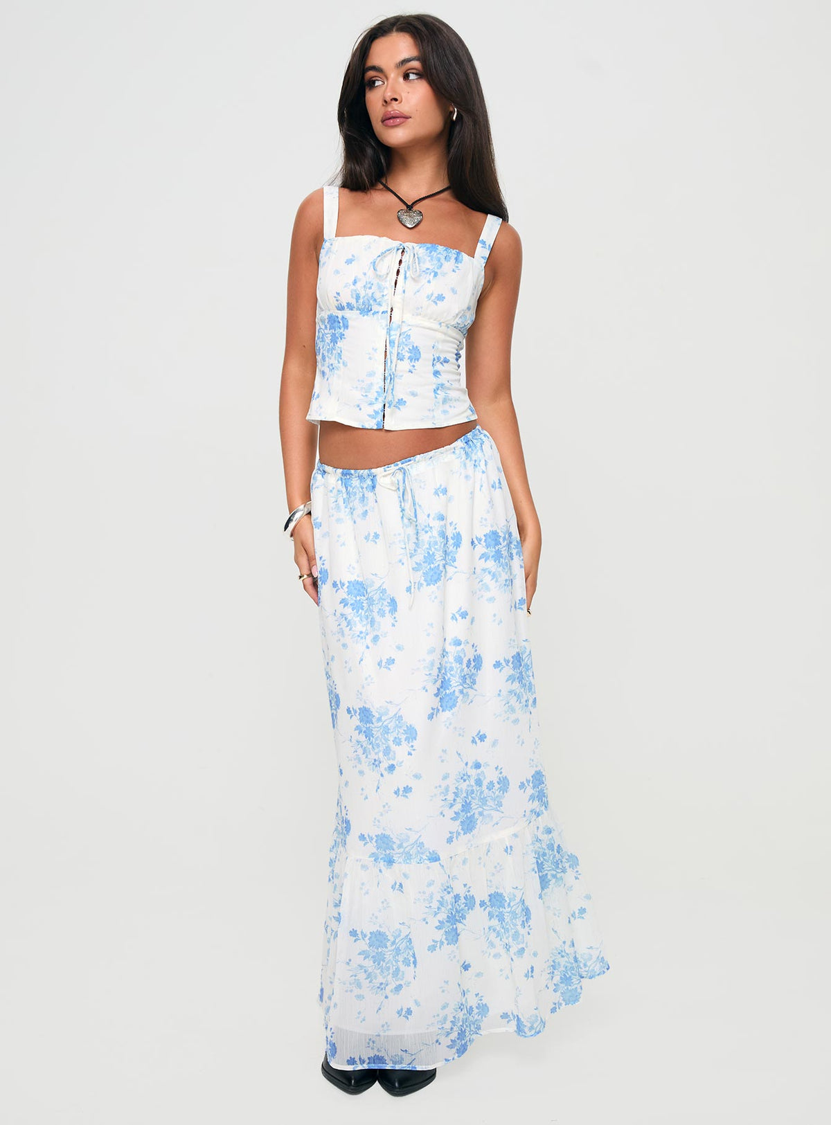   front view of model wearing Princess Polly Modern Girl Maxi Skirt White / Blue Floral Maxi Skirts Skirts 
