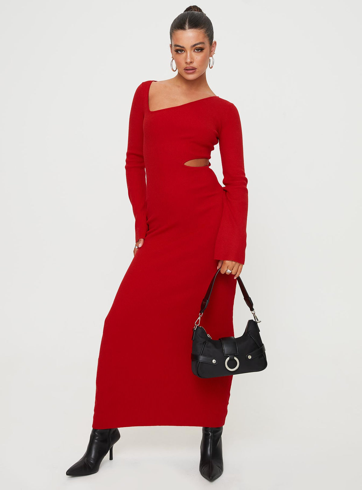 Front view of model wearing  front Princess Polly Crew Neck  Whitley Cut Out Knit Maxi Dress Red