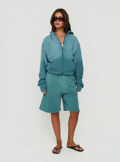 Shop the AT Zip Through Oversized Hoodie in Washed Teal womens-jumpers with short length side view of model wearing Princess Polly