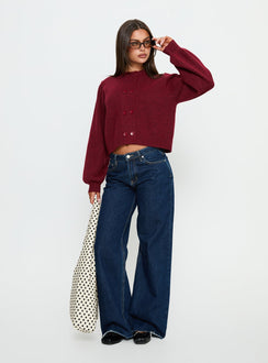 front view of model wearing Princess Polly Kammi Button Up Cardigan Red cropped Jumpers 