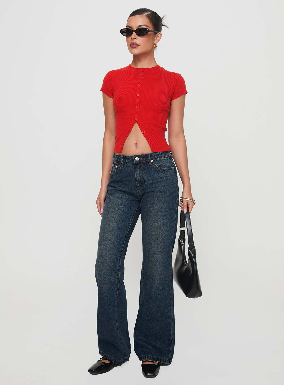 front view of model wearing Princess Polly Cybele Mid Rise Straight Leg Jeans Dark Denim Mid Rise Jeans Jeans 