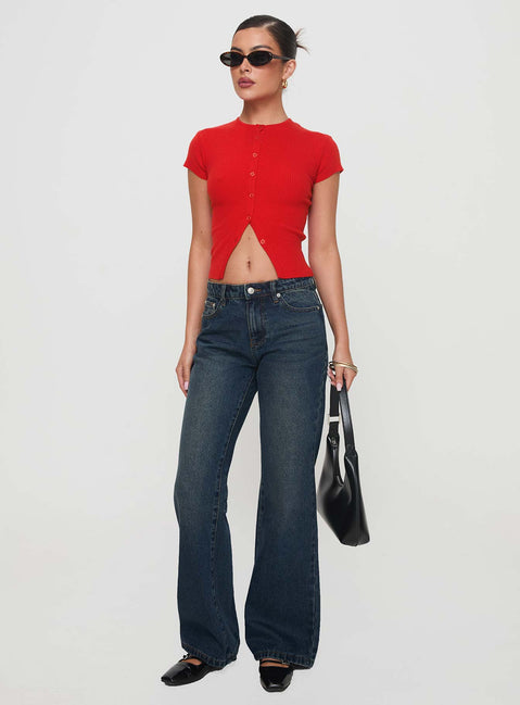 front view of model wearing Princess Polly Cybele Mid Rise Straight Leg Jeans Dark Denim Mid Rise Jeans Jeans 