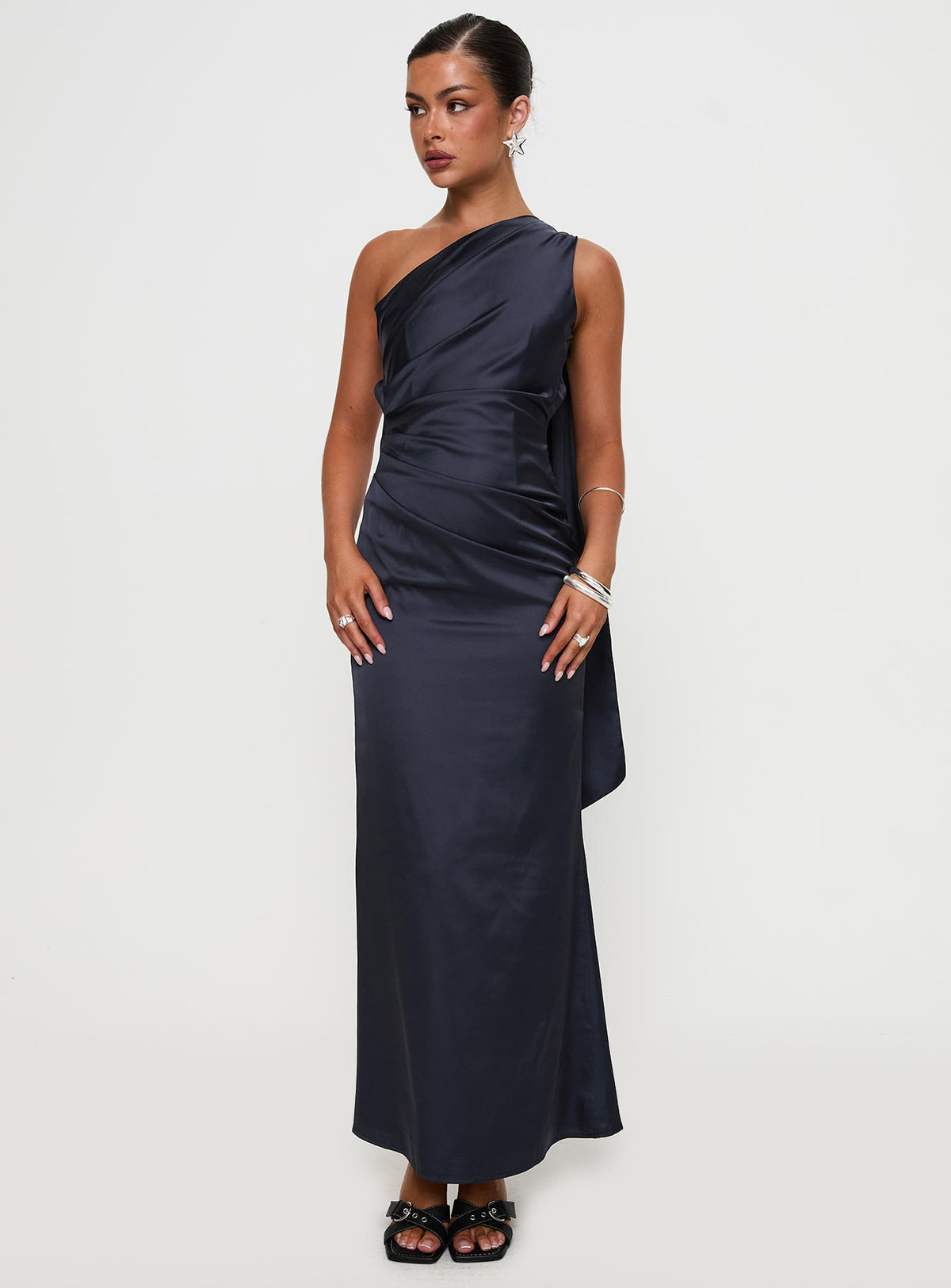 side view of model wearing Princess Polly Dulcia One Shoulder Maxi Dress Blue Asymmetric Neckline 