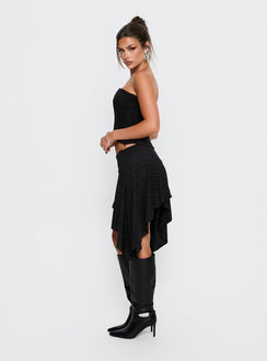   side view of model wearing Princess Polly Hevenna Asymmetrical Plisse Mini Skirt Black Diamante Mini Skirts Skirts 