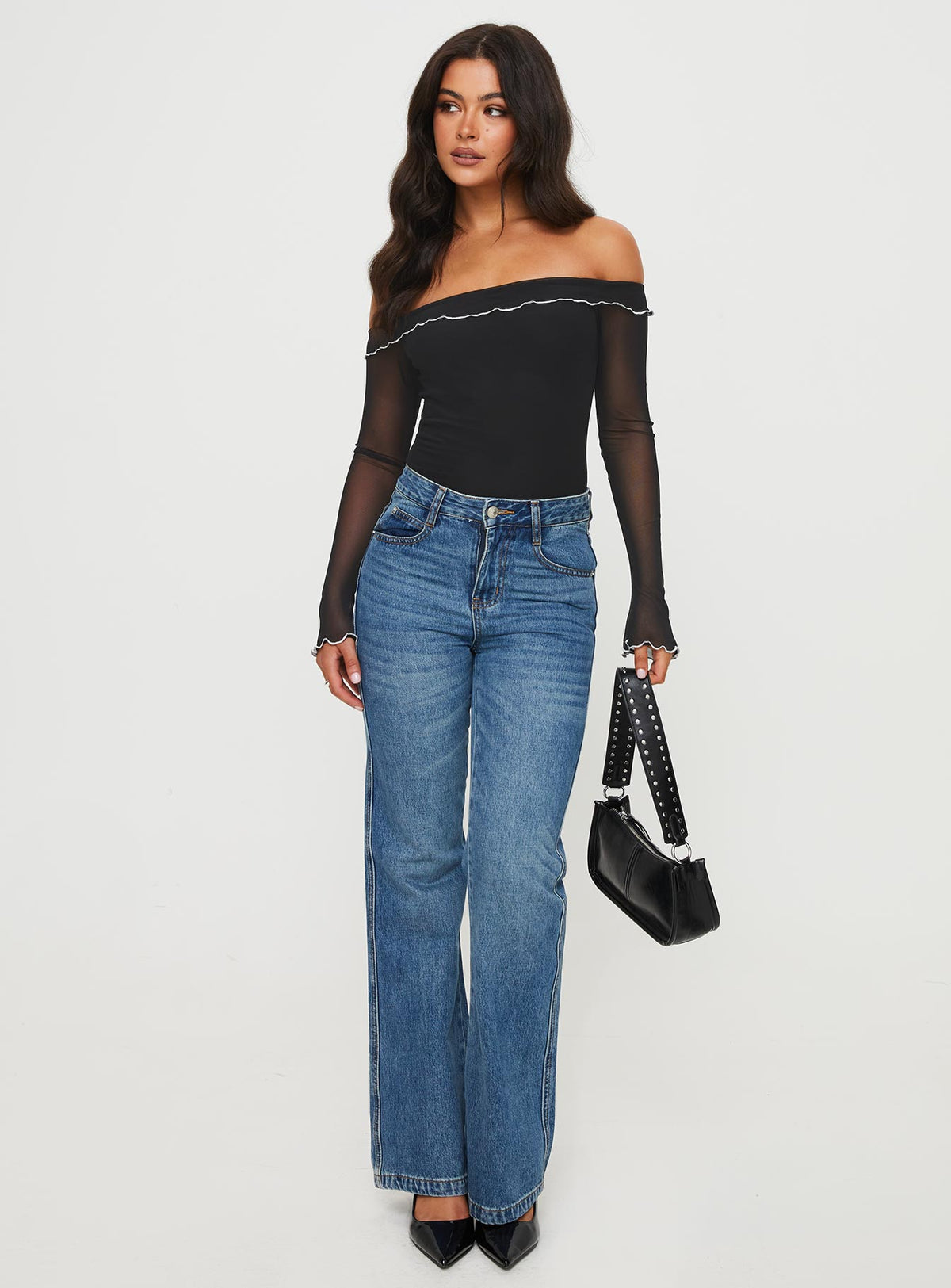 back view of model wearing Princess Polly Arsema Off The Shoulder Bodysuit Black Long Sleeve Tops Bodysuit 