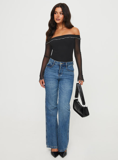 back view of model wearing Princess Polly Arsema Off The Shoulder Bodysuit Black Long Sleeve Tops Bodysuit 
