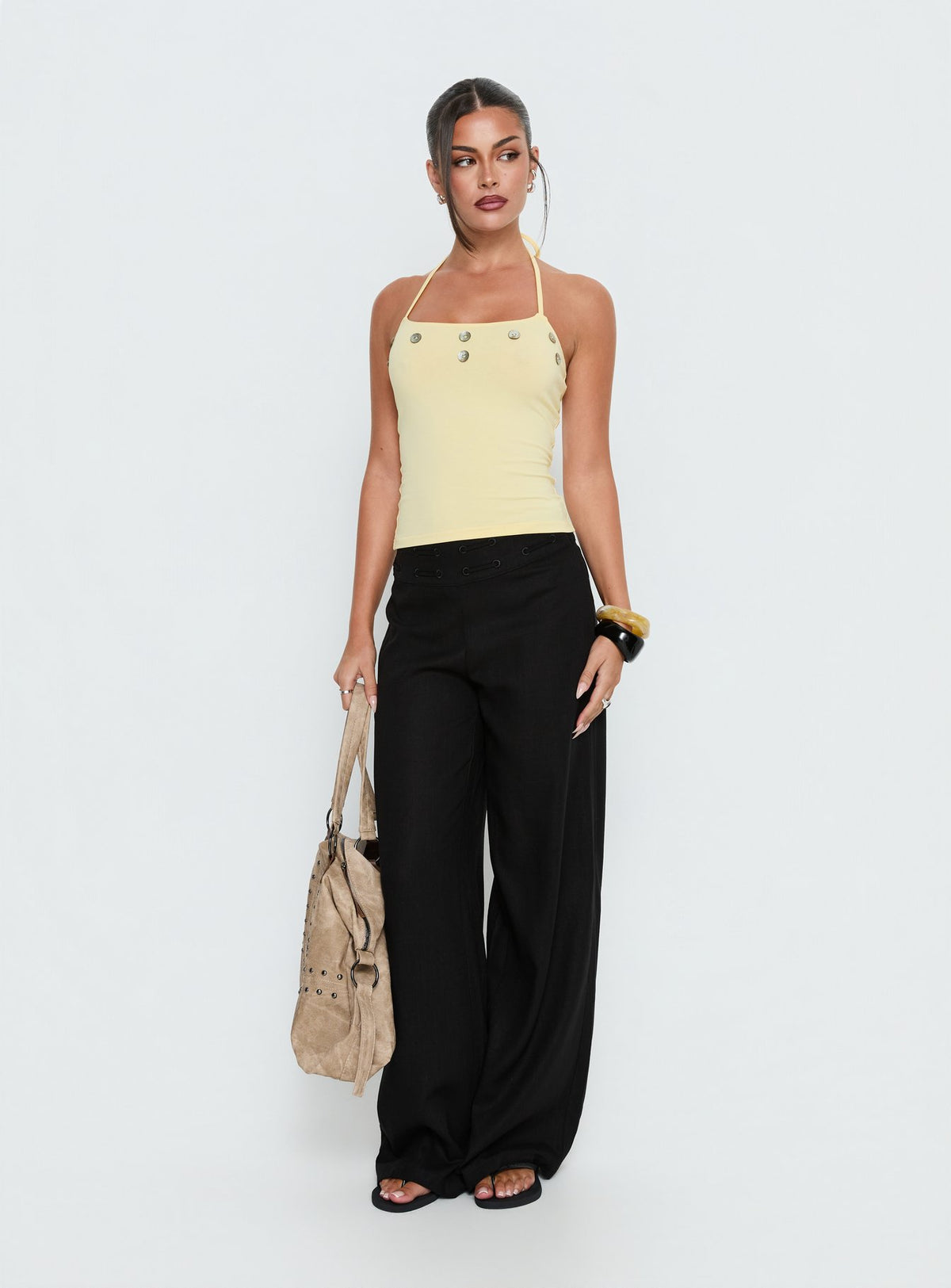 side view of model wearing Princess Polly Peroma Linen Straight Leg Pants Black High Rise Pants Pants 