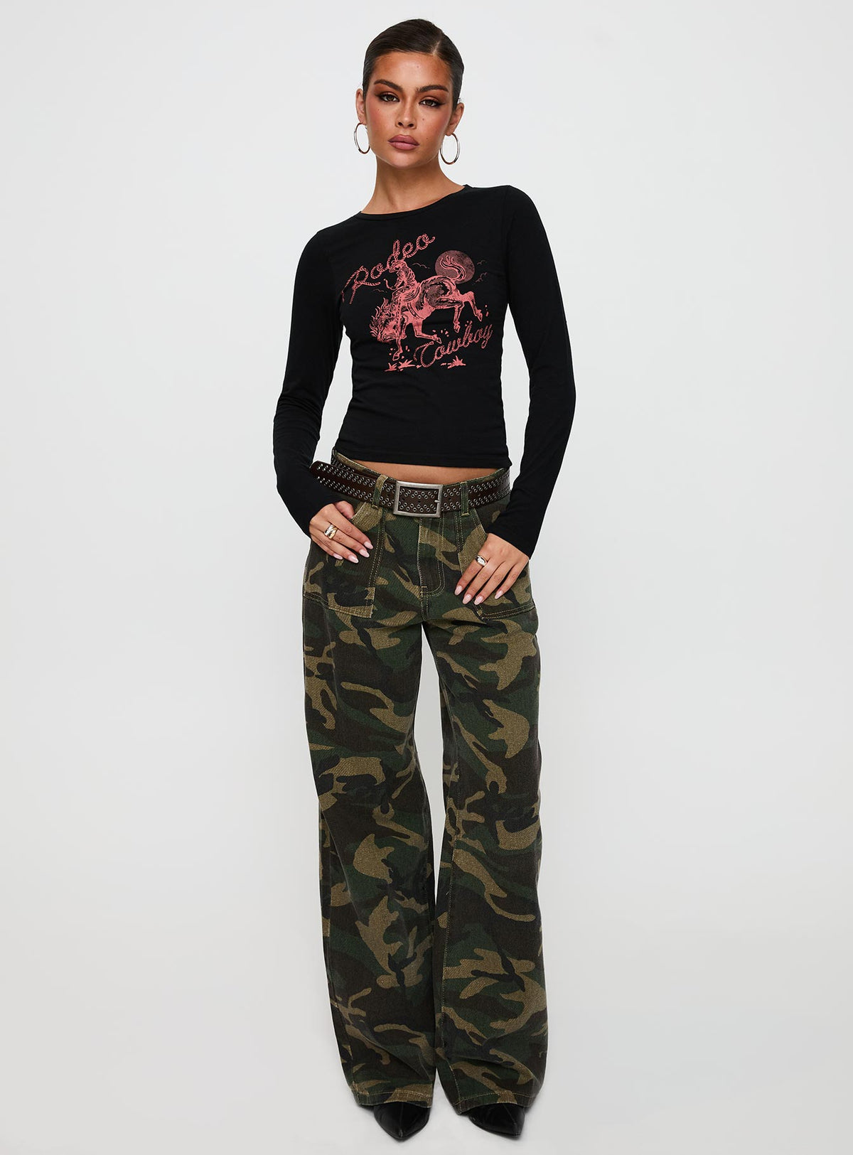 back view of model wearing Princess Polly Rodeo Cowboy Long Sleeve Top Washed Wine Full Sleeves Crew Neck 