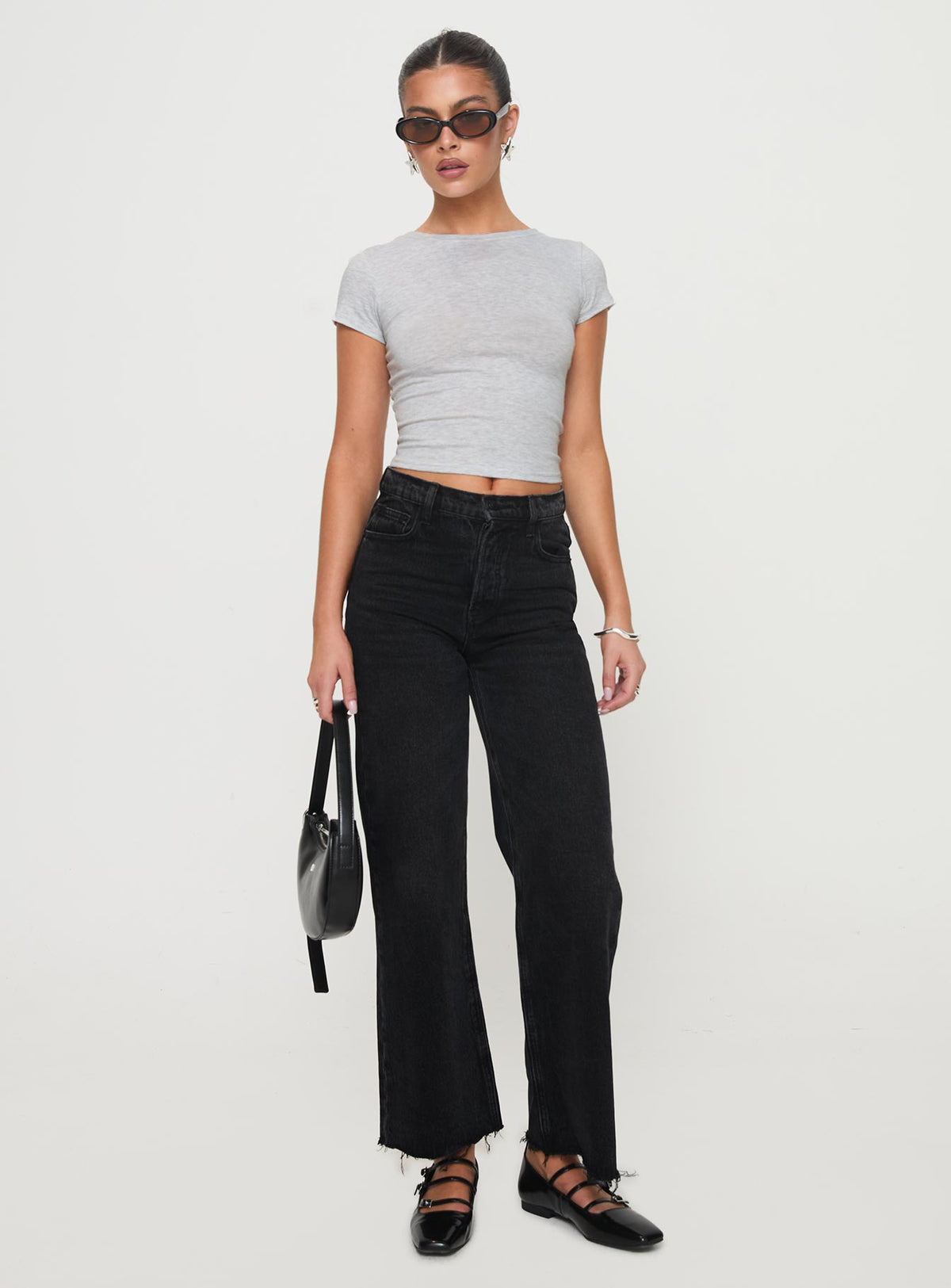 front view of model wearing Princess Polly Fawcett High Rise Straight Leg Jeans Washed Black High Rise Jeans Jeans 