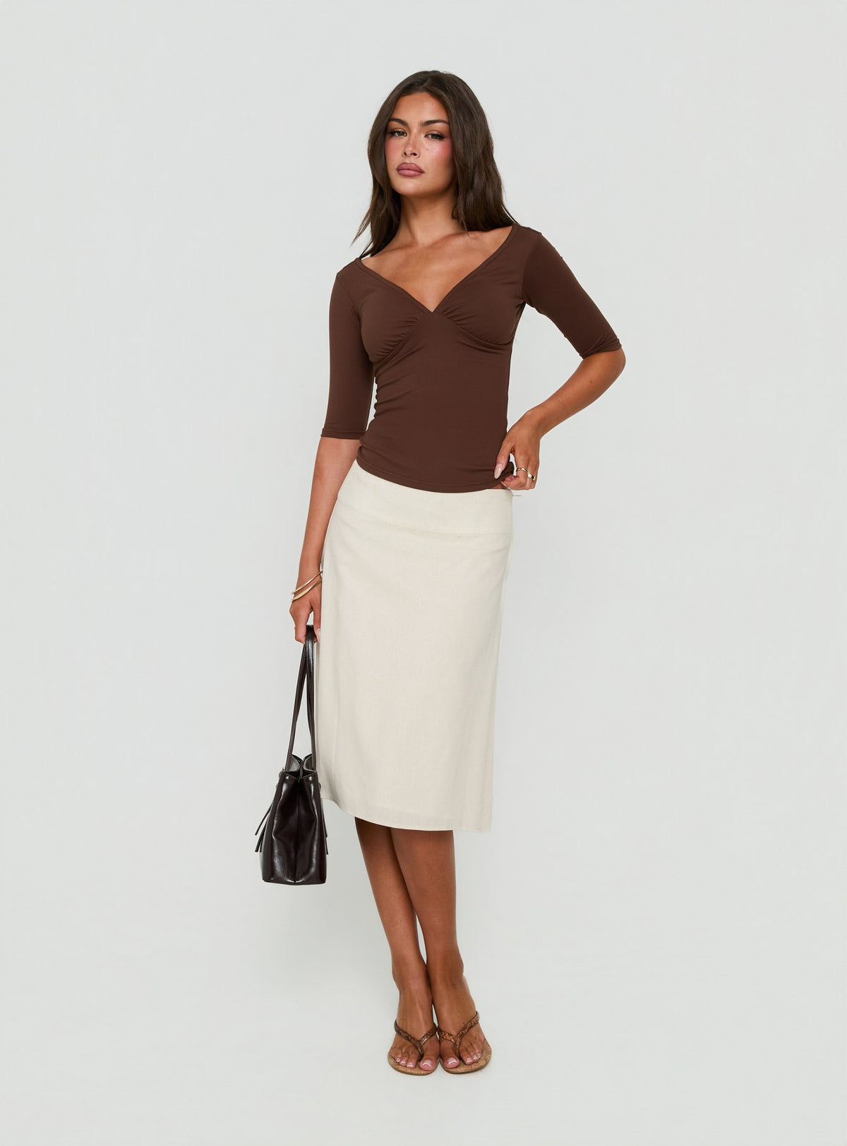 Daily Define Off Shoulder V Neck Top Brown