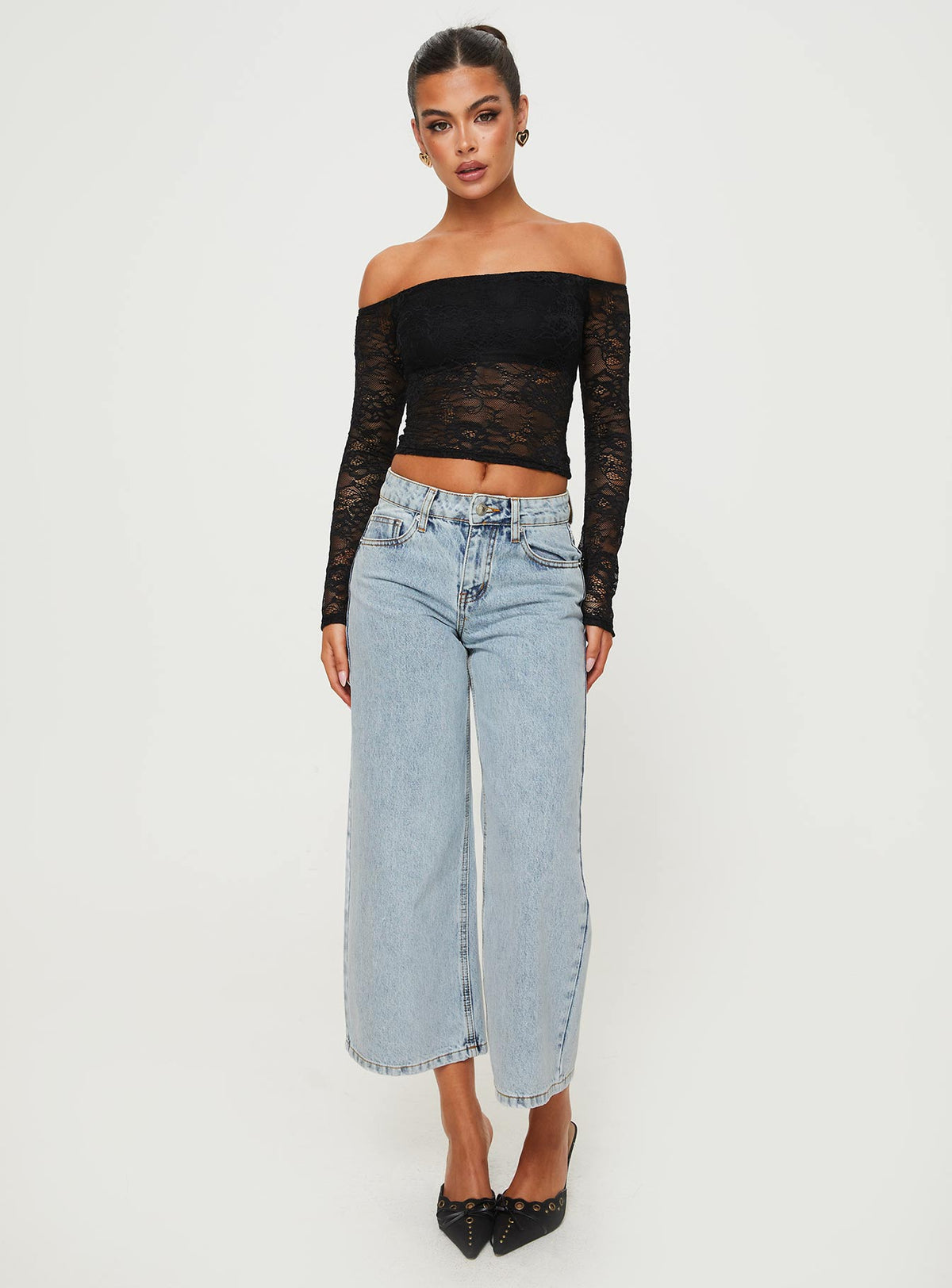 front view of model wearing Princess Polly Charet Off The Shoulder Top Black Full Sleeves 