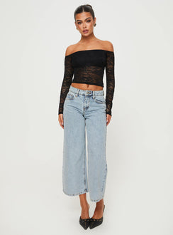 front view of model wearing Princess Polly Charet Off The Shoulder Top Black Full Sleeves 