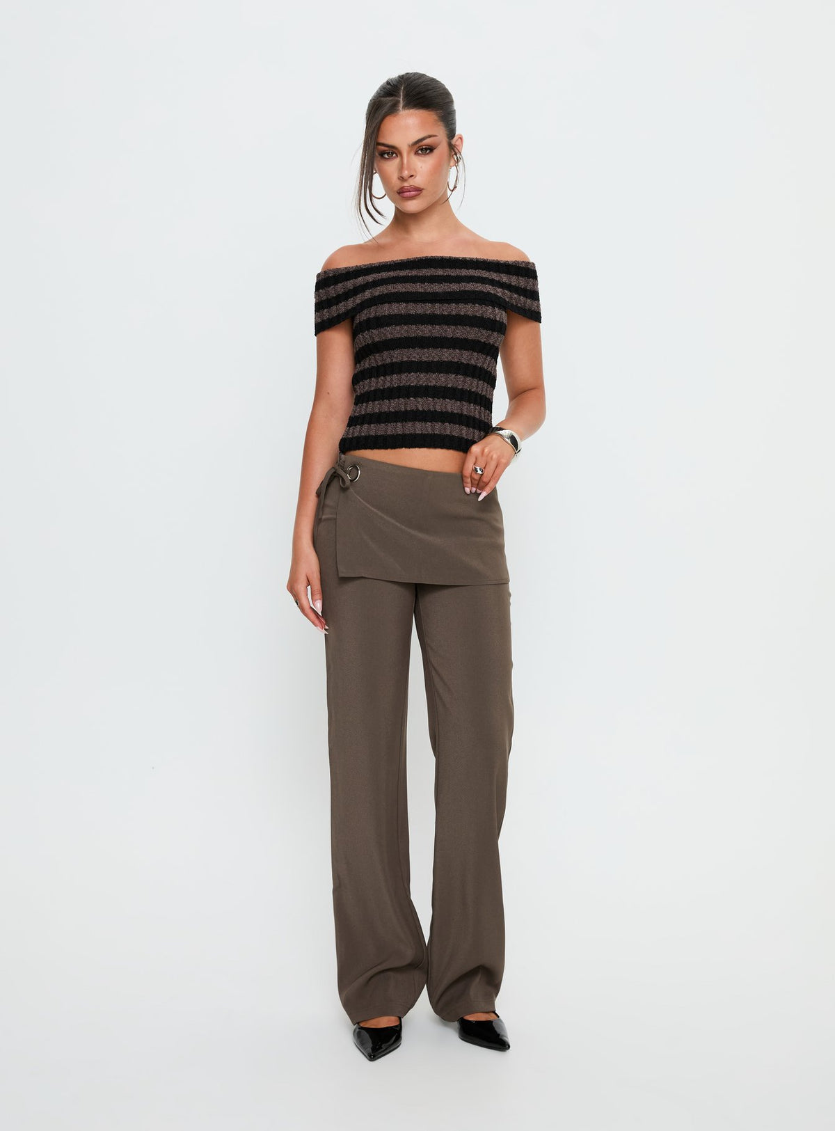 Murmur Off Shoulder Top Brown / Black Stripe