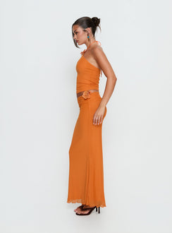   side view of model wearing Princess Polly Star Fruit Ruched Waist Maxi Skirt Orange Maxi Skirts Skirts 