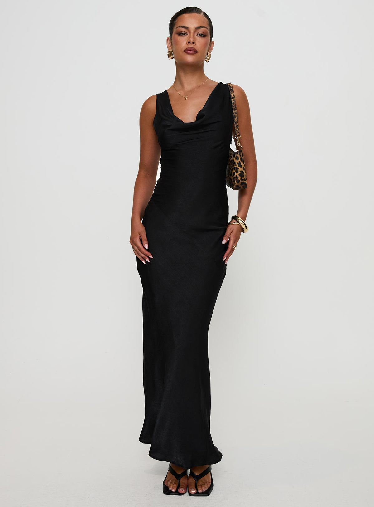 front view of model wearing Princess Polly Make Memories Cowl Neck Maxi Dress Black Cowl Neck 