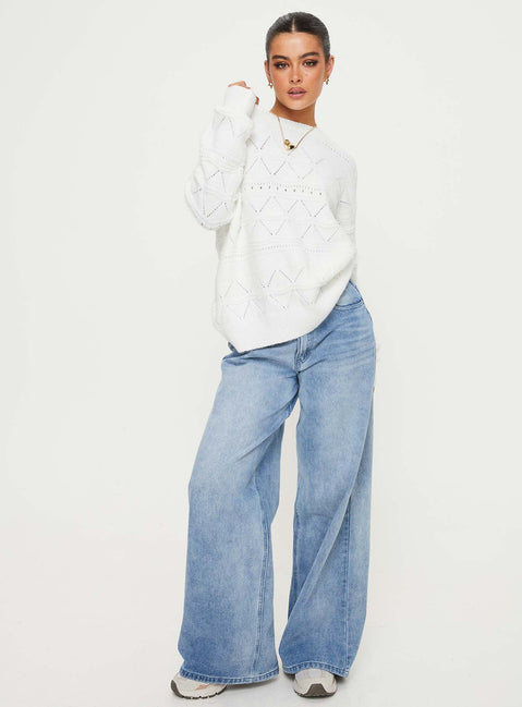 side view of model wearing Princess Polly Pierce Pointelle Sweater Cream Longline Jumpers Jumpers 