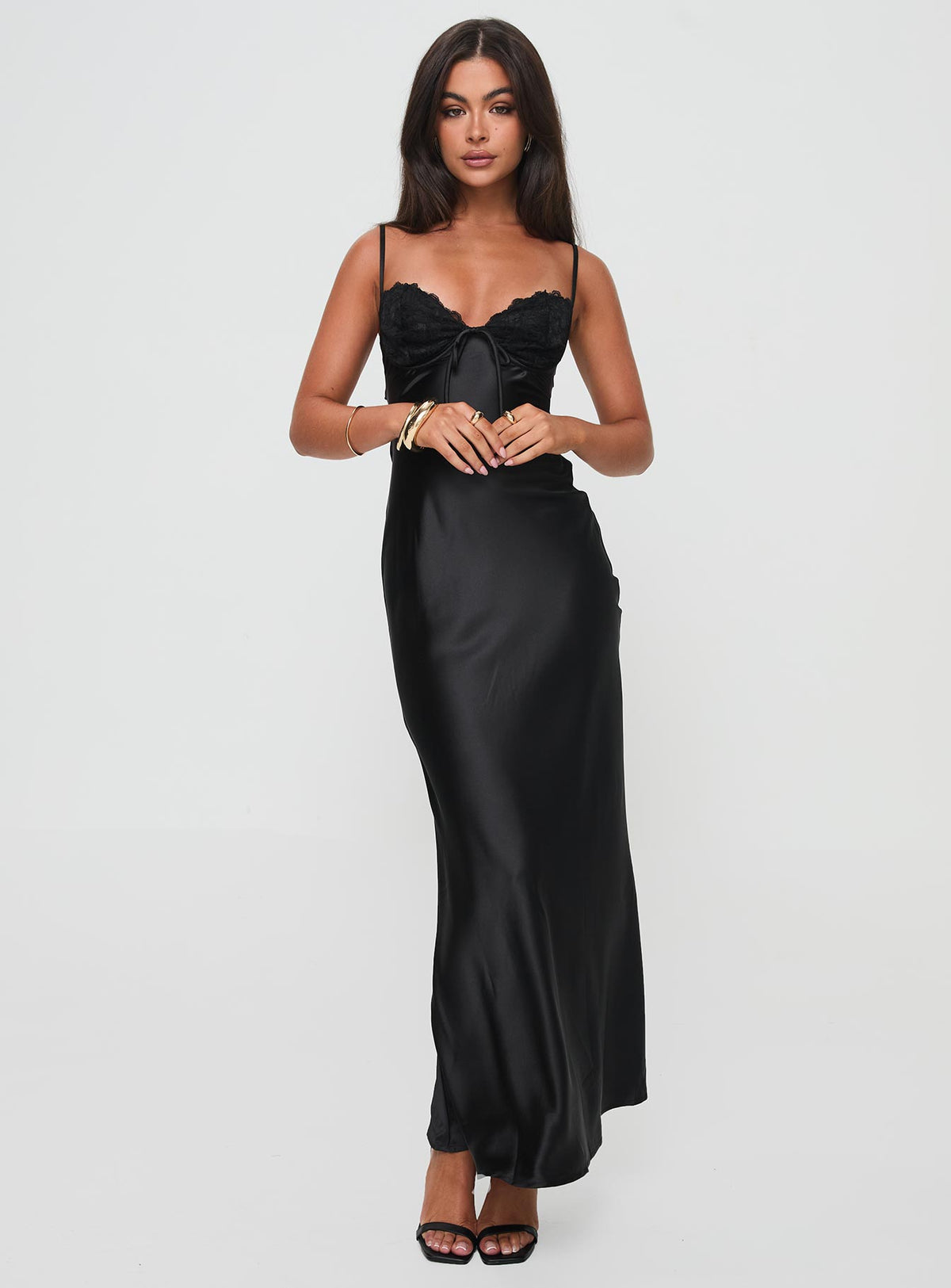 side view of model wearing Princess Polly Fadyen Bias Cut Maxi Dress Black Tall Sweetheart Neckline 