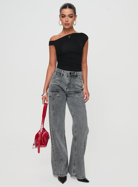 front view of model wearing Princess Polly Chad High Rise Flared Cargo Jeans Washed Grey Mid Rise Jeans Jeans 