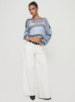 Showcasing the Perren Sweater Blue Stripe womens-jumpers in short length side view of model wearing Princess Polly