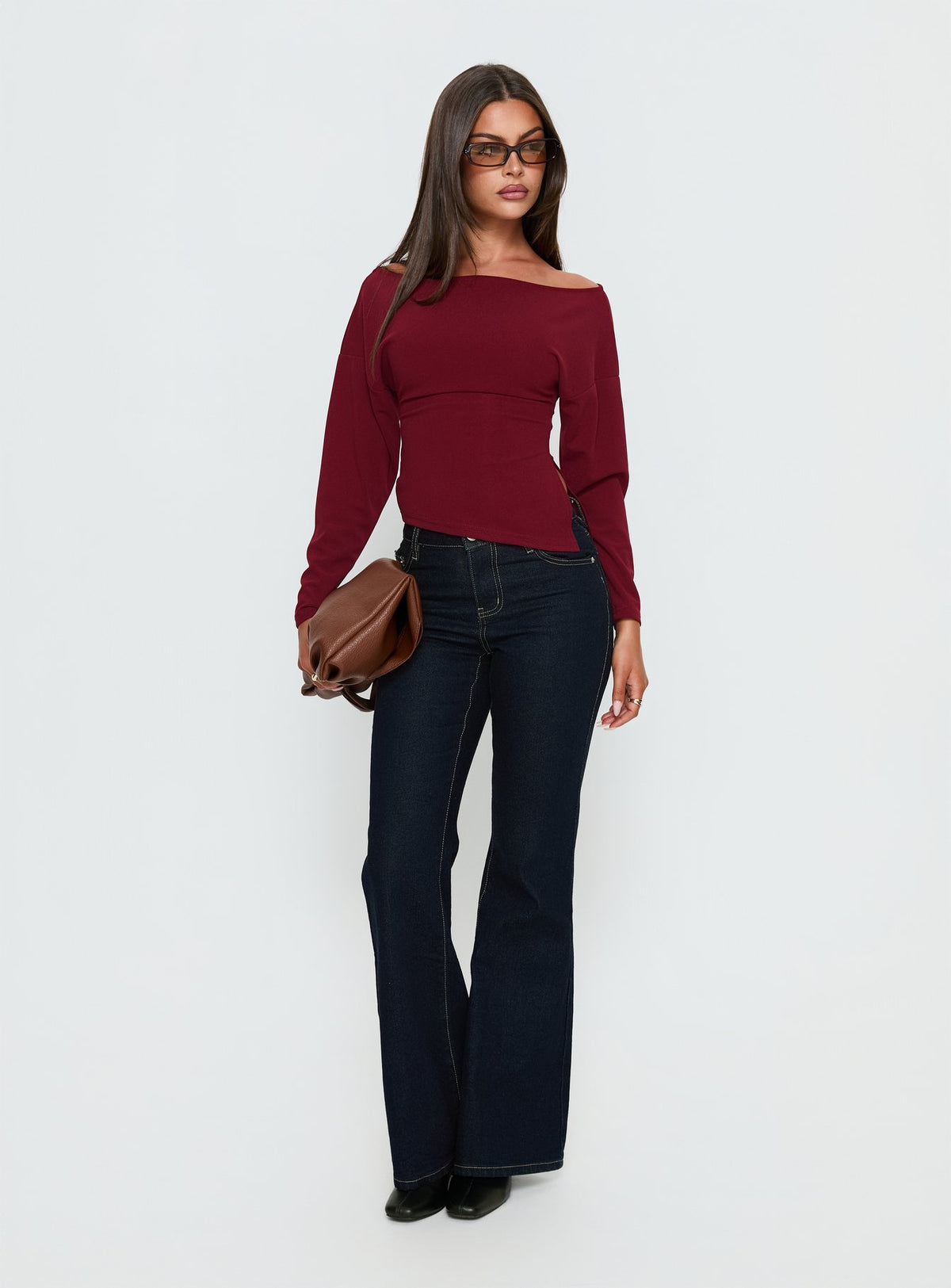 Cieara Off Shoulder Long Sleeve Top Burgundy
