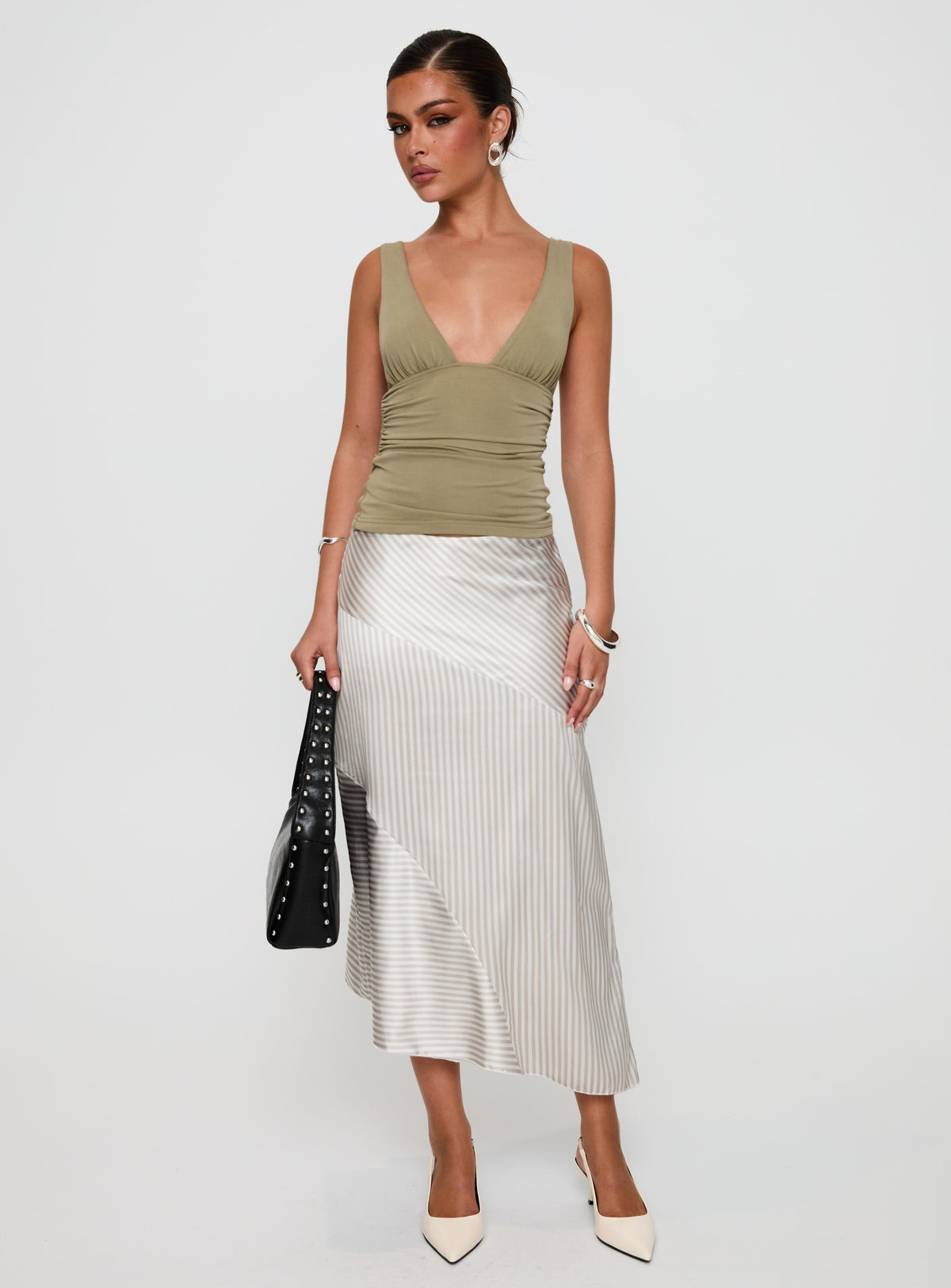 back view of model wearing Princess Polly Priscella Asymmetrical Midi Skirt Multi Midi Skirts Skirts 