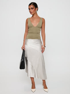 back view of model wearing Princess Polly Priscella Asymmetrical Midi Skirt Multi Midi Skirts Skirts 