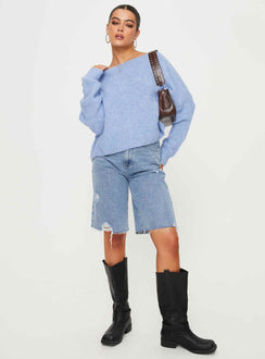 front view of model wearing Princess Polly Ramy Sweater Blue Cropped Jumpers Jumpers 