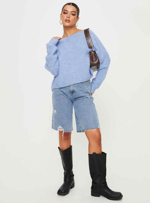 front view of model wearing Princess Polly Ramy Sweater Blue Cropped Jumpers Jumpers 