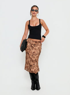 back view of model wearing Princess Polly Sydni Midi Bias Cut Skirt Leopard Midi Skirts Skirts 