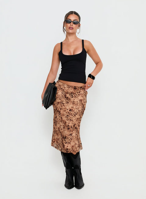 back view of model wearing Princess Polly Sydni Midi Bias Cut Skirt Leopard Midi Skirts Skirts 